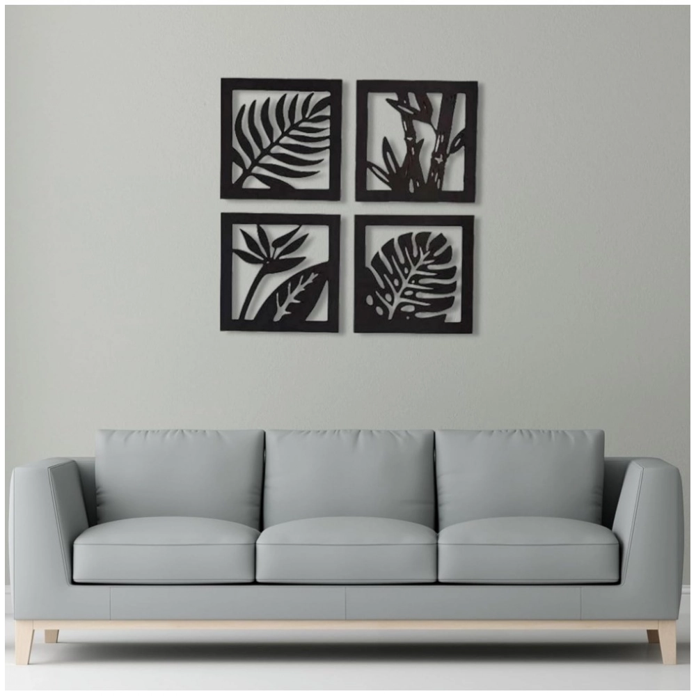 Generic 7 Decore Wooden 4 Pieces Square Tree Leaf Wall Art Panel Frame Black (Big Size)