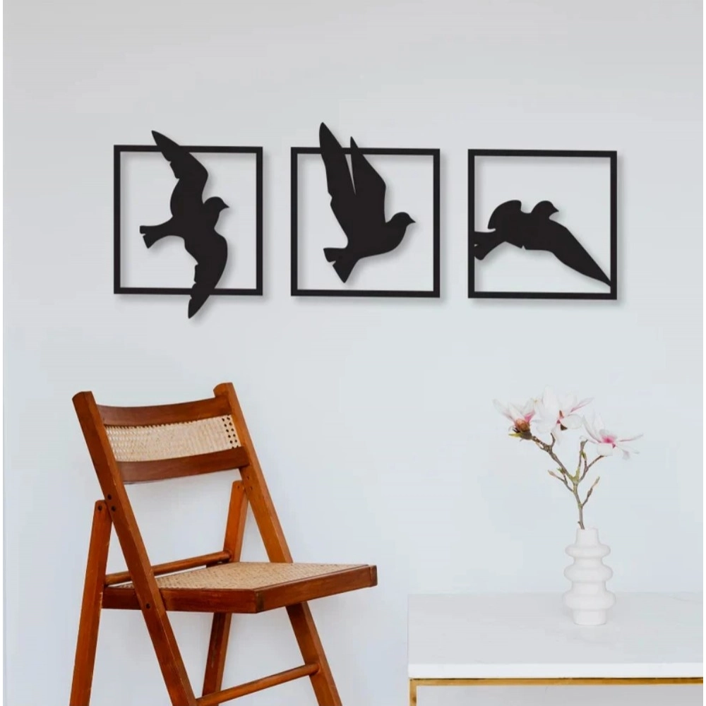 Generic Birds in Frame Wooden Wall Decor Set of 3 Panels Black