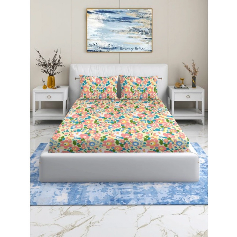 Generic Cotton Blend Floral Printed Double Bedsheet with 2 Pillow Covers (Yellow)