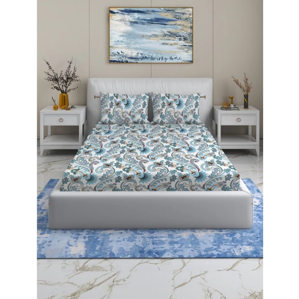 Generic Cotton Blend Floral Printed Double Bedsheet with 2 Pillow Covers (White)