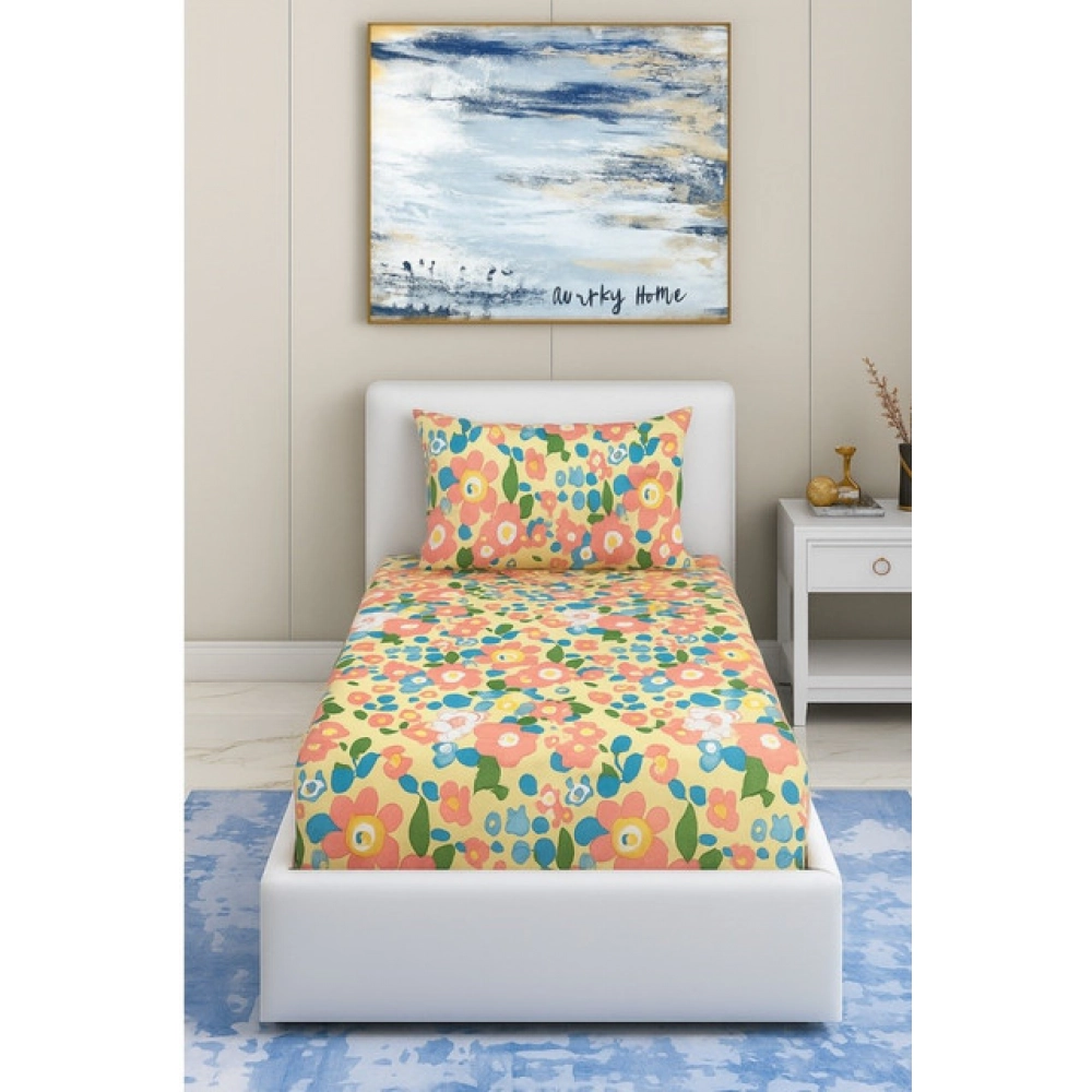 Generic Cotton Blend Floral Printed Single Bedsheet with 1 Pillow Cover (Yellow)